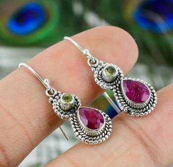 Peridot & ruby hook earrings | 925 sterling silver dangle earrings 1
