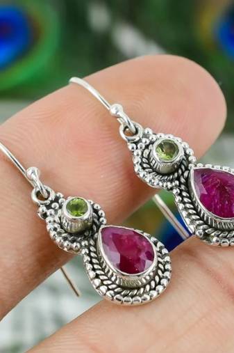 Peridot & ruby hook earrings | 925 sterling silver dangle earrings
