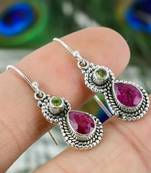 Peridot & ruby hook earrings | 925 sterling silver dangle earrings