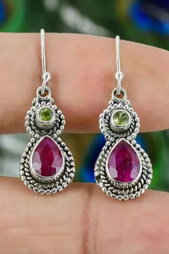 Peridot & ruby hook earrings | 925 sterling silver dangle earrings
