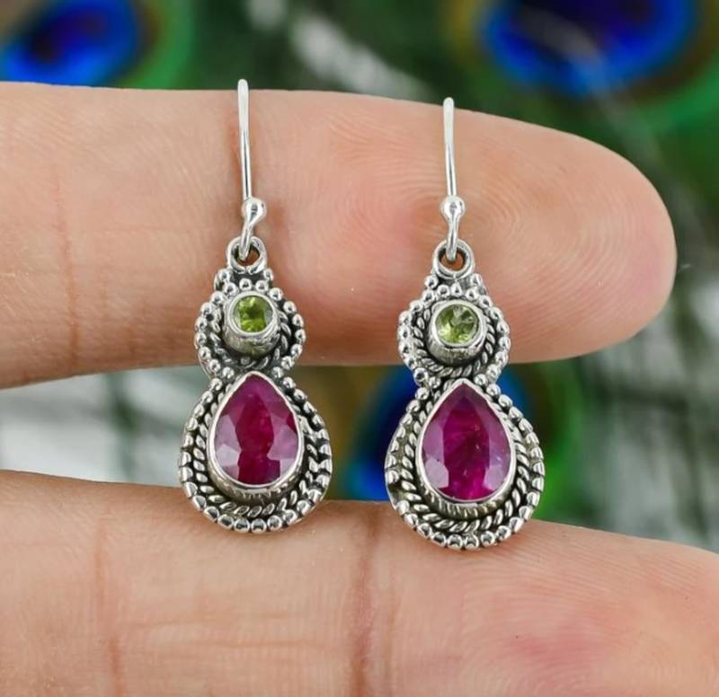 Peridot & ruby hook earrings | 925 sterling silver dangle earrings