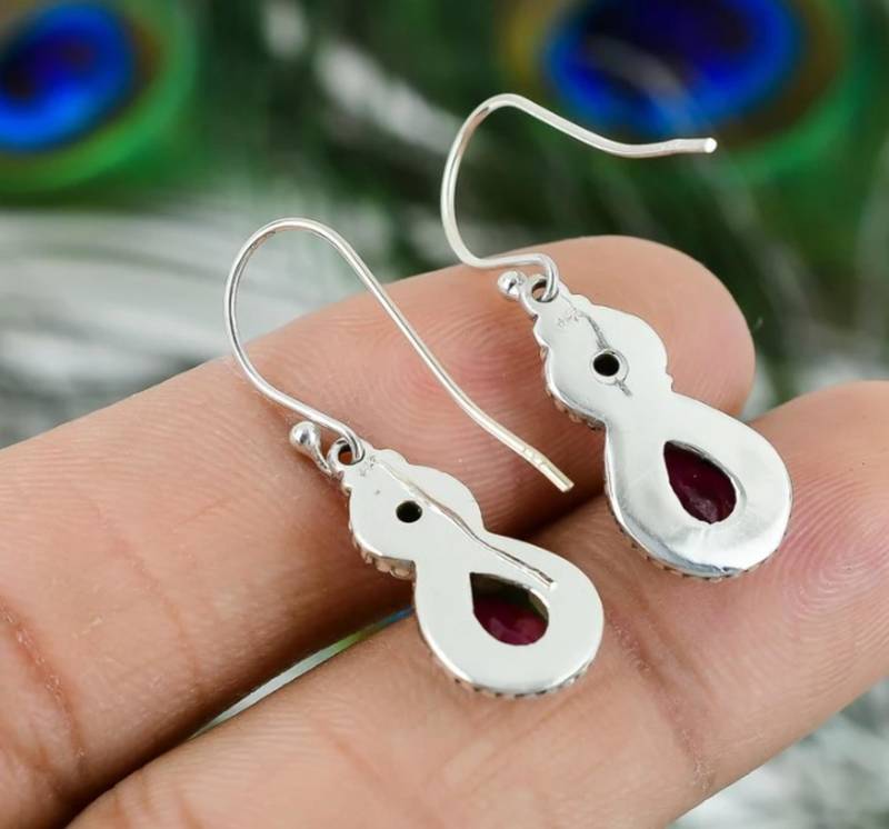 Peridot & ruby hook earrings | 925 sterling silver dangle earrings