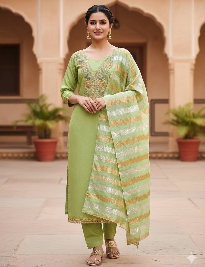 light green chanderi dress material for women