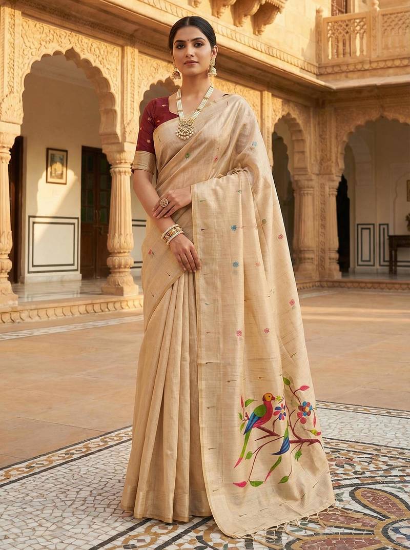 cream cotton meenakari weaving saree with classic detailing