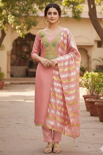 pink chanderi butti dress material for women