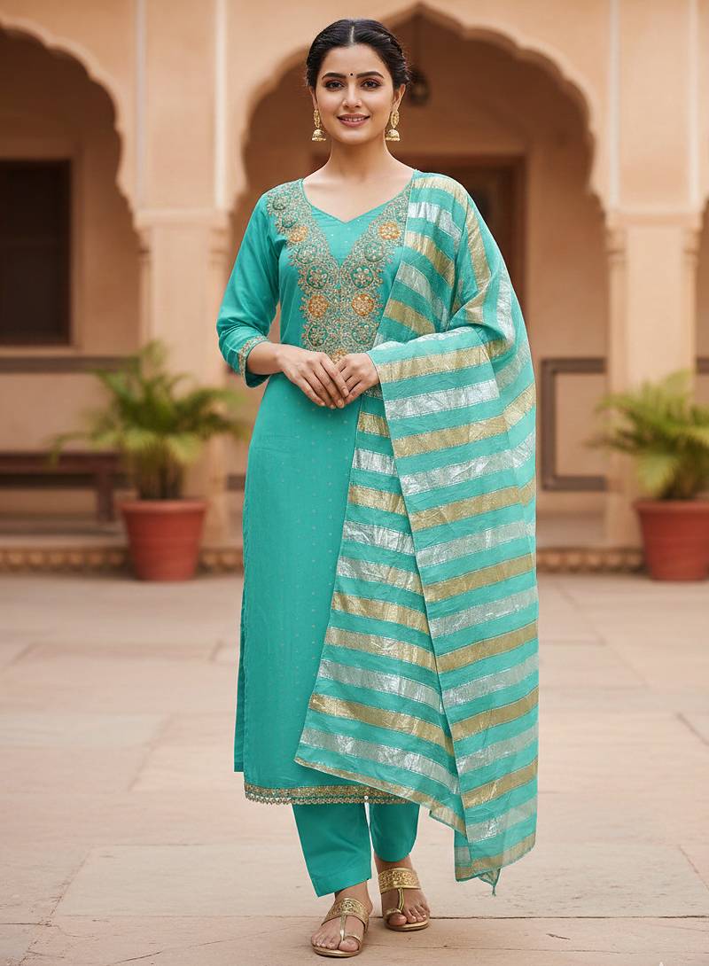 sea green chanderi butti dress material for women