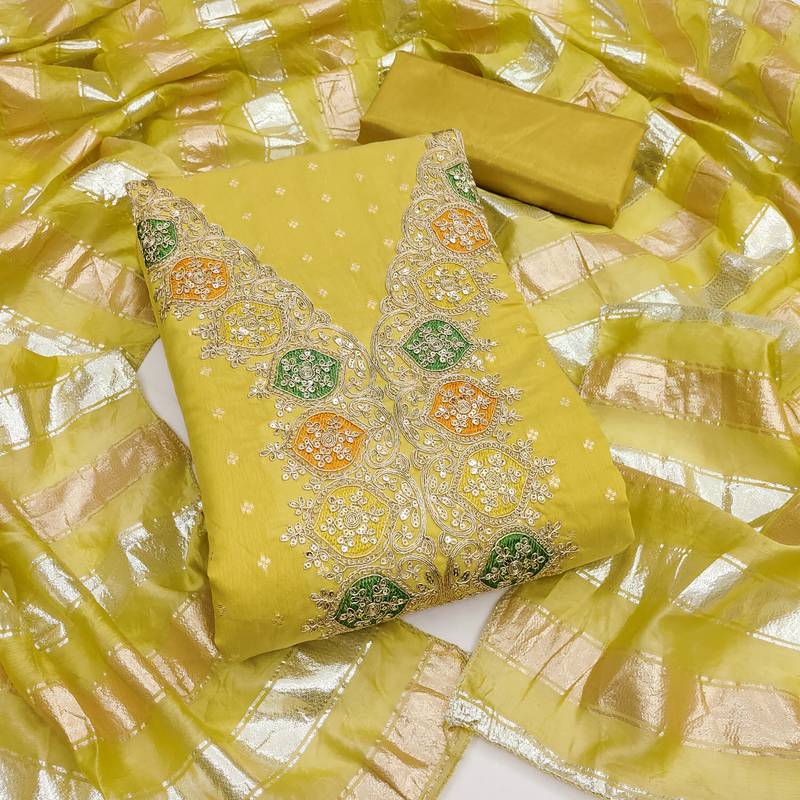 green chanderi butti dress material