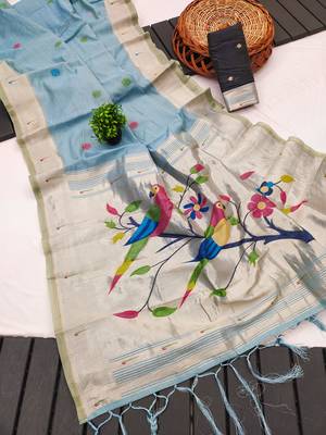 blue cotton meenakari weaving saree with classic detailing 2