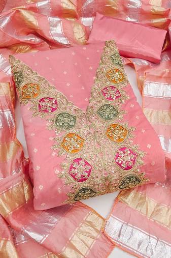 pink unstitched chanderi butti dress material for women