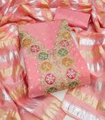 pink unstitched chanderi butti dress material for women