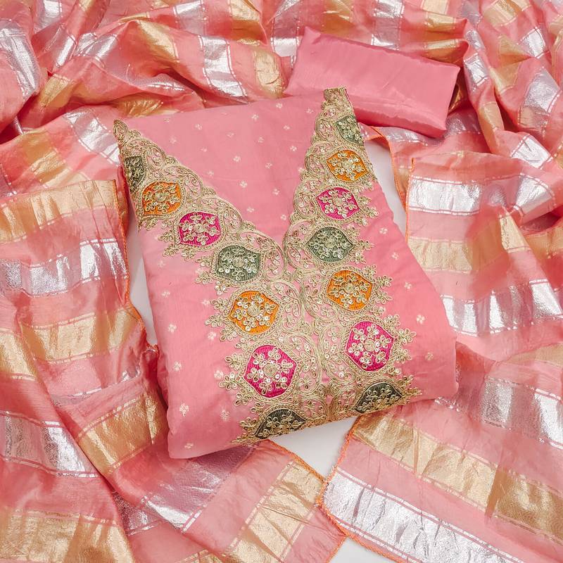pink unstitched chanderi butti dress material for women