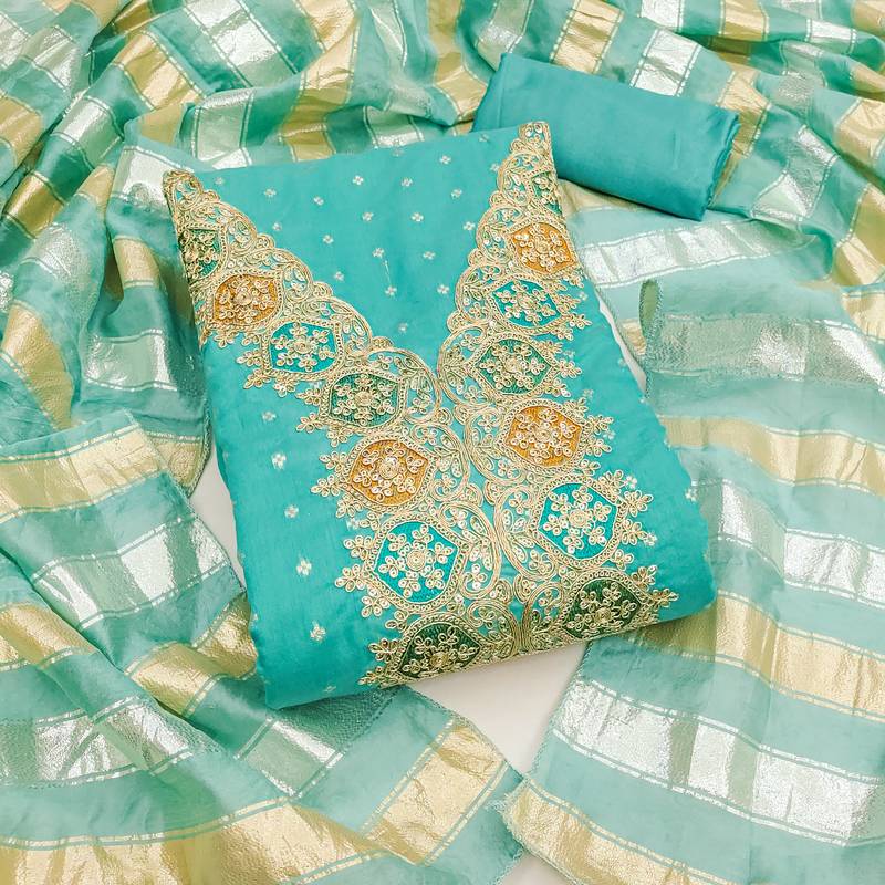 ea green unstitched chanderi butti dress material for women