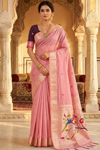 pink cotton meenakari weaving saree with classic detailing