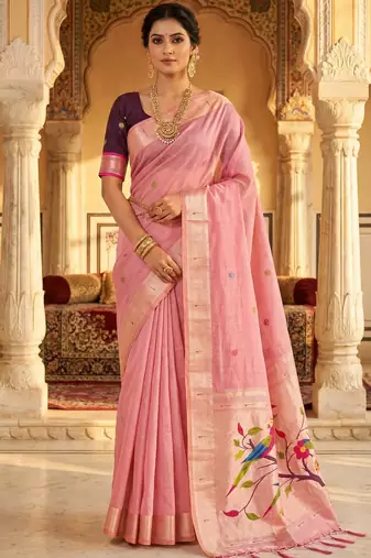 pink cotton meenakari weaving saree with classic detailing