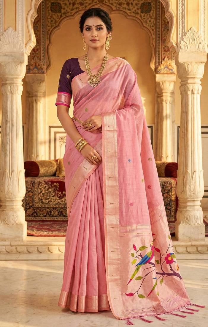 pink cotton meenakari weaving saree with classic detailing