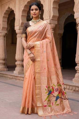 peach cotton meenakari weaving saree with classic detailing
