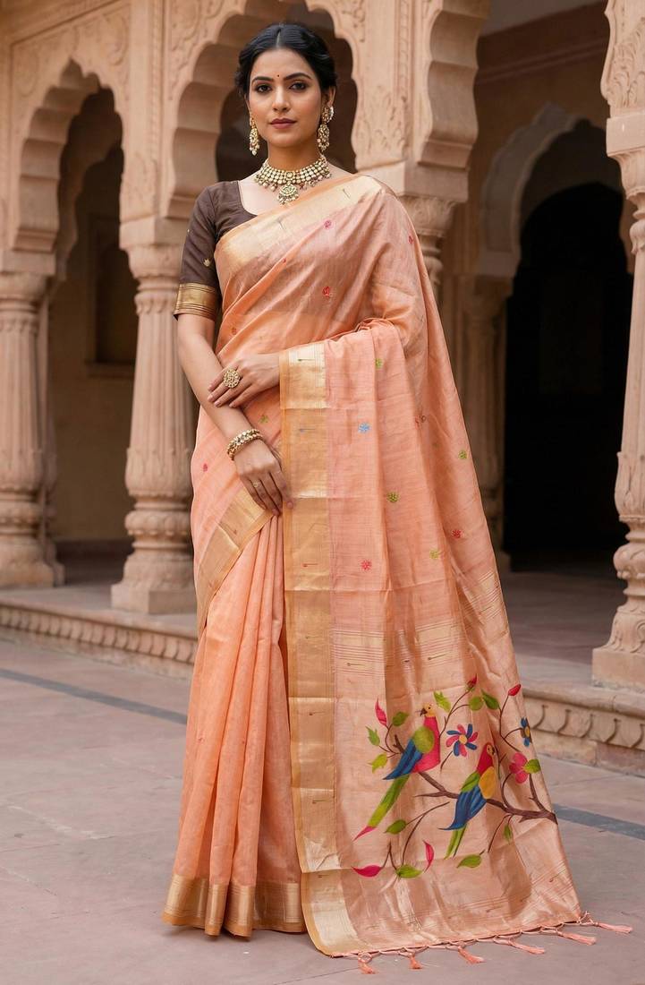 peach cotton meenakari weaving saree with classic detailing