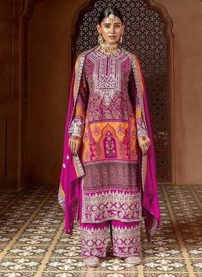 pink zari embroidered faux georgette kurta set with dupatta 1