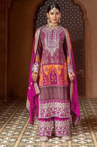 pink zari embroidered faux georgette Palazzo set with dupatta