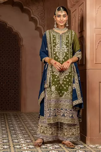 olive and dark blue faux georgette zari embroidered kurta set with dupatta