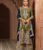 olive and dark blue faux georgette zari embroidered kurta set with dupatta