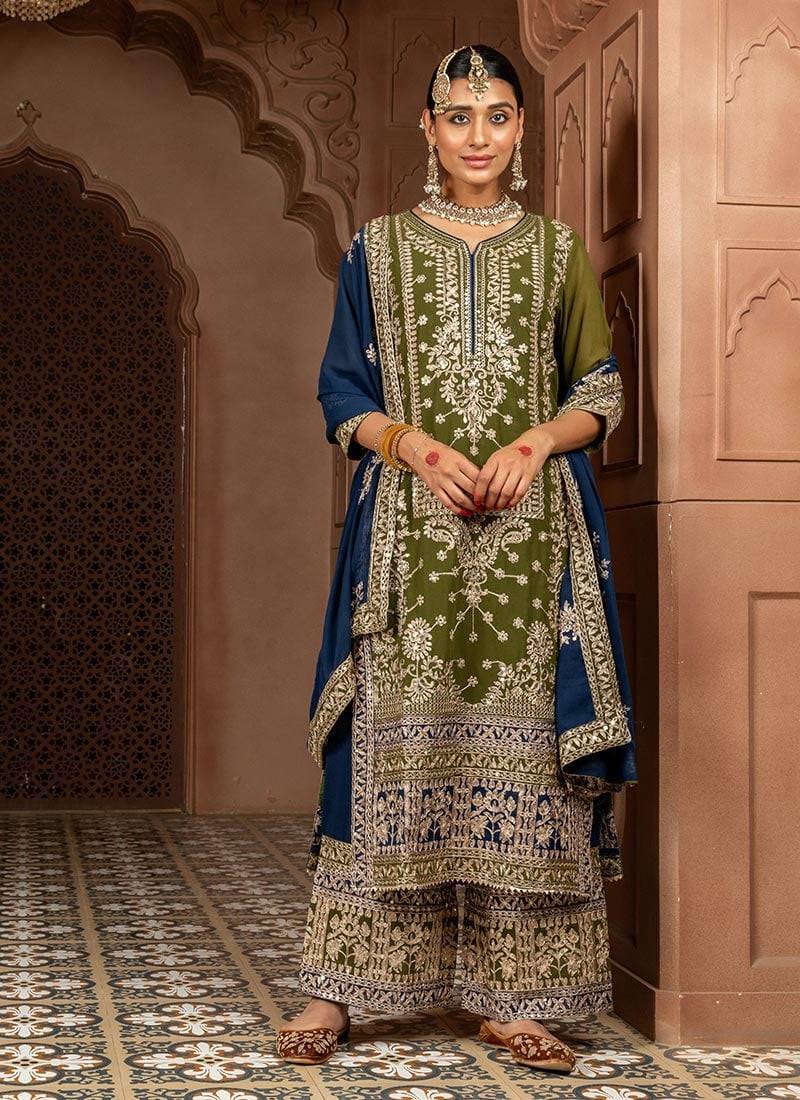 olive and dark blue faux georgette zari embroidered kurta set with dupatta