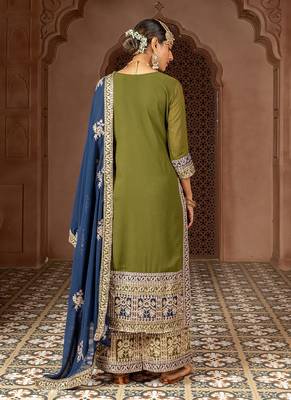 olive and dark blue faux georgette zari embroidered kurta set with dupatta 2