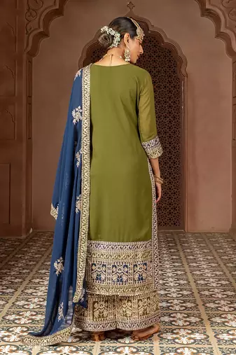 olive and dark blue faux georgette zari embroidered kurta set with dupatta