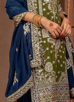 olive and dark blue faux georgette zari embroidered kurta set with dupatta 3