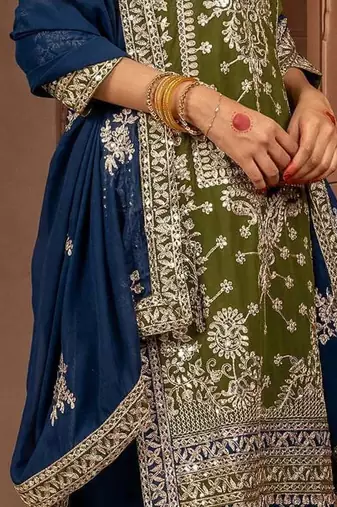 olive and dark blue faux georgette zari embroidered kurta set with dupatta