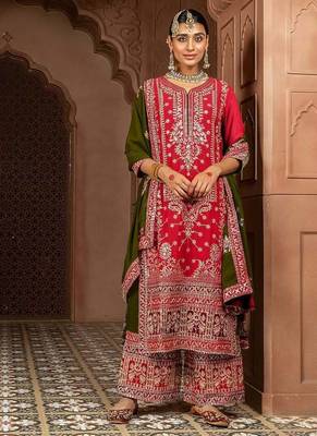 pink and mehendi faux georgette zari embroidered kurta set with dupatta 1
