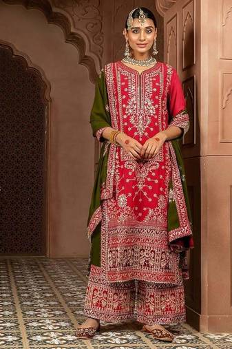 pink and mehendi faux georgette zari embroidered Palzzo set with dupatta