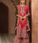 pink and mehendi faux georgette zari embroidered kurta set with dupatta