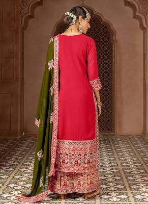 pink and mehendi faux georgette zari embroidered kurta set with dupatta 2