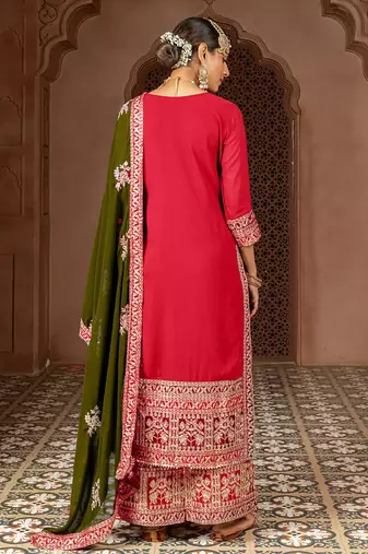pink and mehendi faux georgette zari embroidered kurta set with dupatta