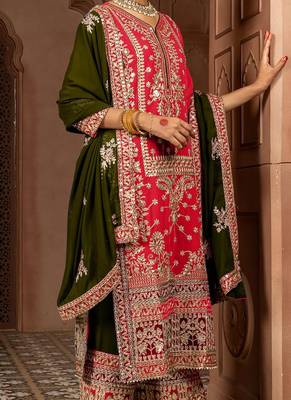 pink and mehendi faux georgette zari embroidered kurta set with dupatta 3