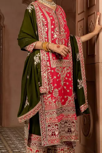 pink and mehendi faux georgette zari embroidered kurta set with dupatta
