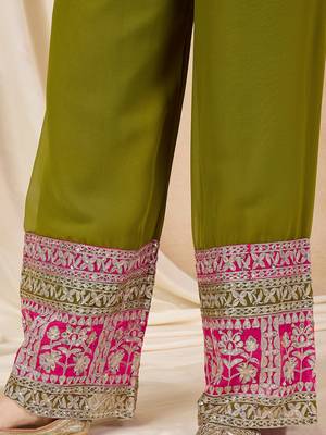 pink and mehendi faux georgette zari embroidered kurta set with dupatta 4