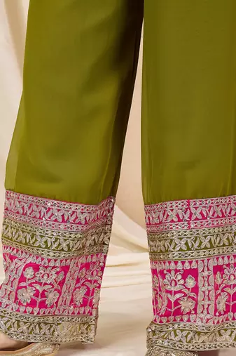 pink and mehendi faux georgette zari embroidered kurta set with dupatta