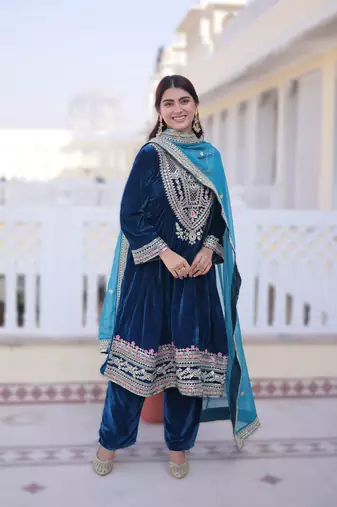 Teal blue velvet embroidered top pant and dupatta