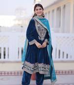 teal blue velvet embroidered top pant and dupatta