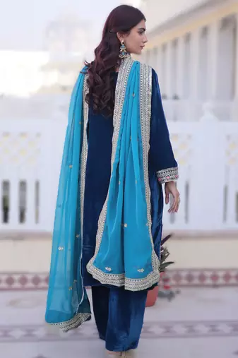 teal blue velvet embroidered top pant and dupatta