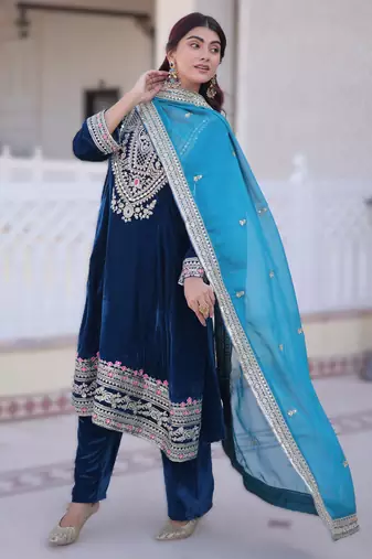 teal blue velvet embroidered top pant and dupatta