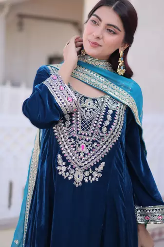 teal blue velvet embroidered top pant and dupatta