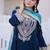 Teal blue velvet embroidered top pant and dupatta