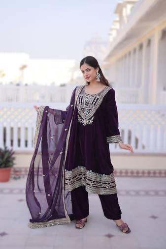 Wine velvet embroidered top pant and dupatta