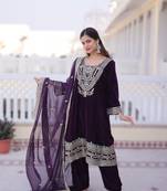 Wine velvet embroidered top pant and dupatta
