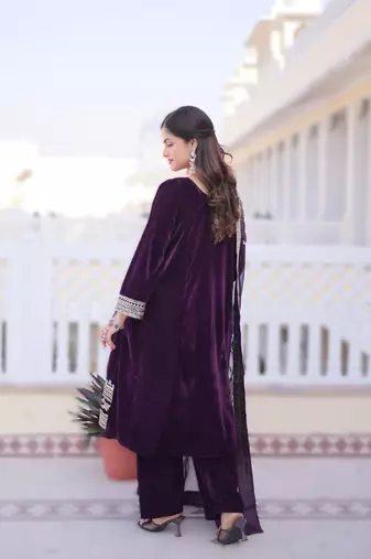 Wine velvet embroidered top pant and dupatta