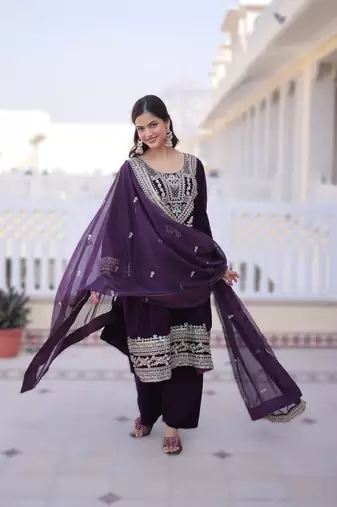 Wine velvet embroidered top pant and dupatta