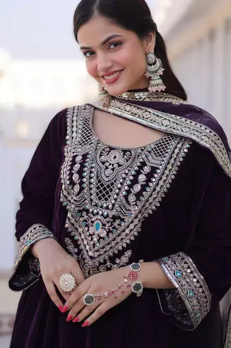 Wine velvet embroidered top pant and dupatta